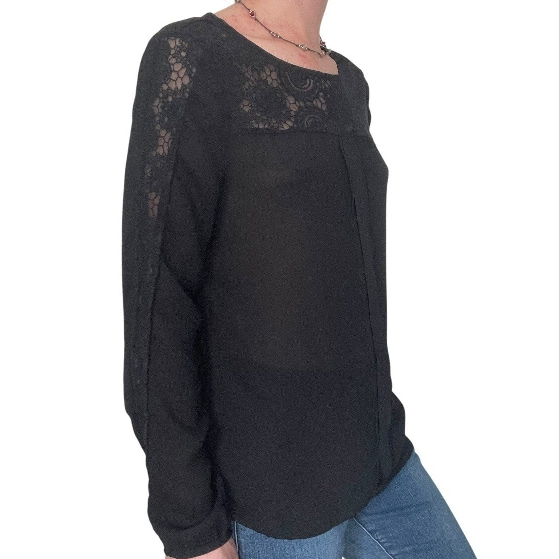 41 Hawthorn Sheer Black Lace Trim Long Sleeve Blouse