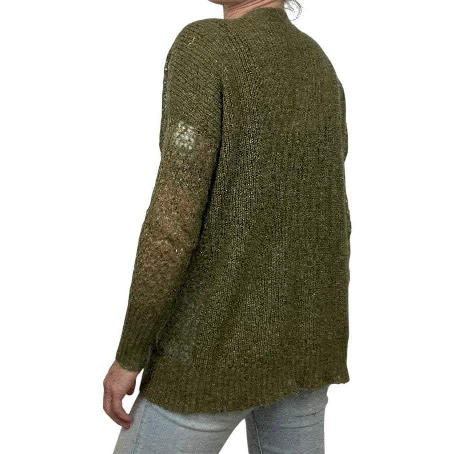 Kensie Olive Green & Gold Metallic Knit Button Down Cardigan Sweater