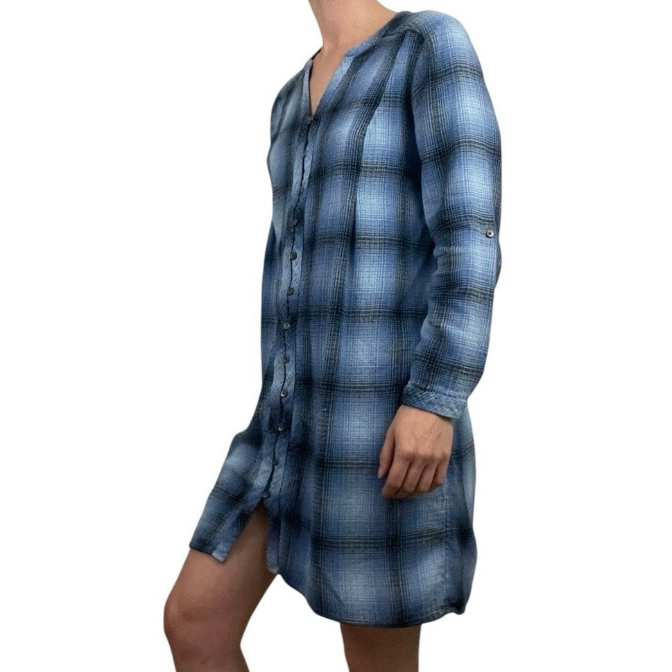 J. Jill Blue Plaid Long Sleeve Button Down Mini Dress