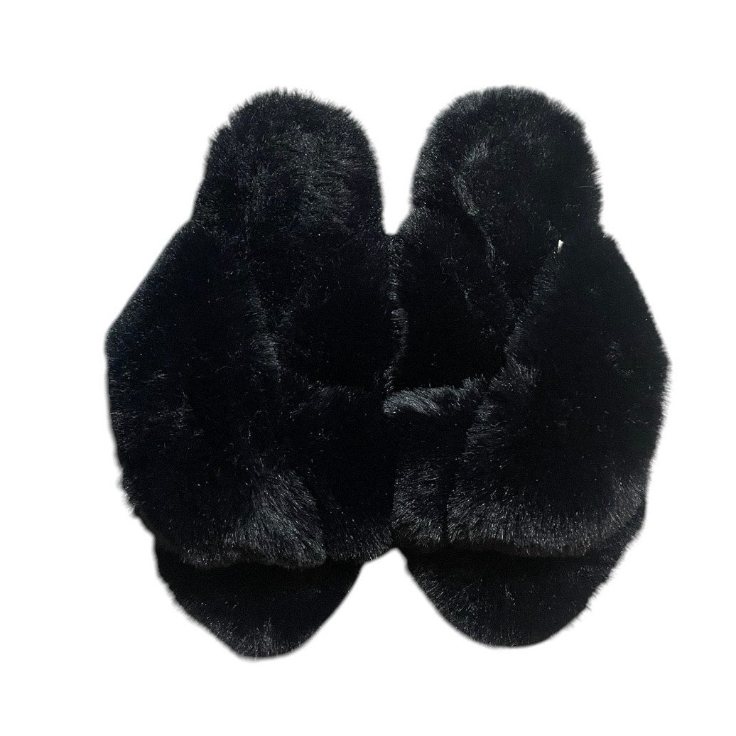 Jenni Intimates Black Faux Fur Soft Fluffy Open Toe Slippers