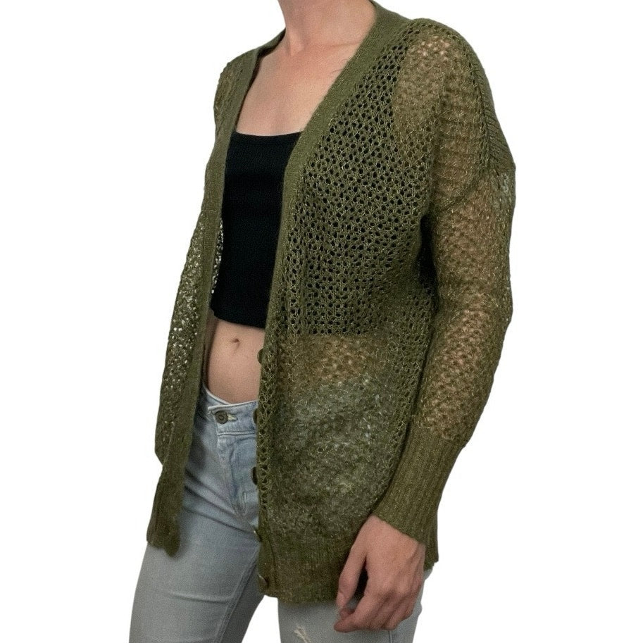 Kensie Olive Green & Gold Metallic Knit Button Down Cardigan Sweater