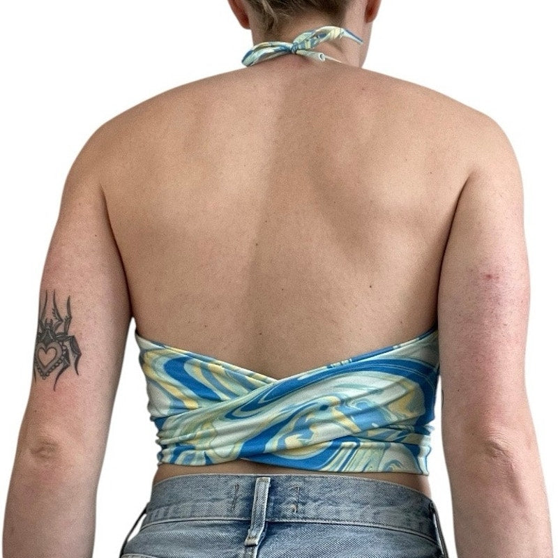 Ginger G Blue Swirly Funky 70s Cutout Halter Neck Strappy Top