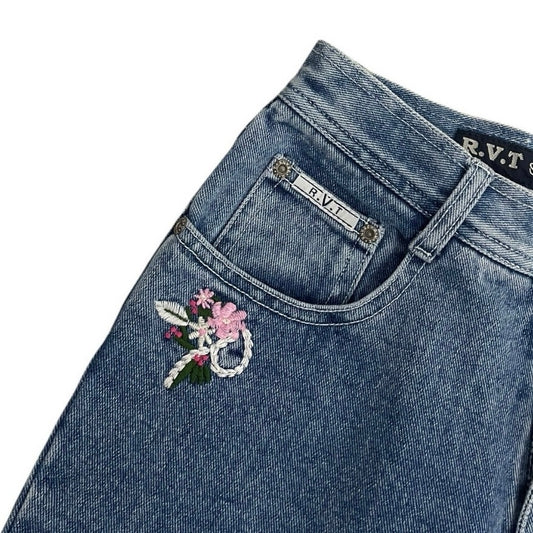 R.V.T Vintage Floral Embroidered Ankle Cropped Jeans
