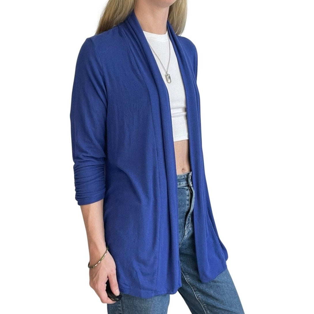 MOD Lusive Blue Cropped Cinched Sleeve Cardigan Sweater