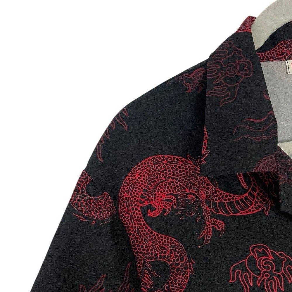 ROMWE Black & Red Dragon Print Short Sleeve Button Down Shirt