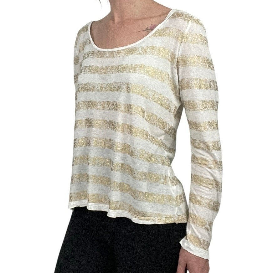Jennifer Lopez Glittery Gold and White Striped Sheer Long Sleeve Top