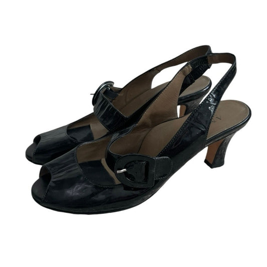 Anyi Lu Black Genuine Leather Buckle Open Toe Heels