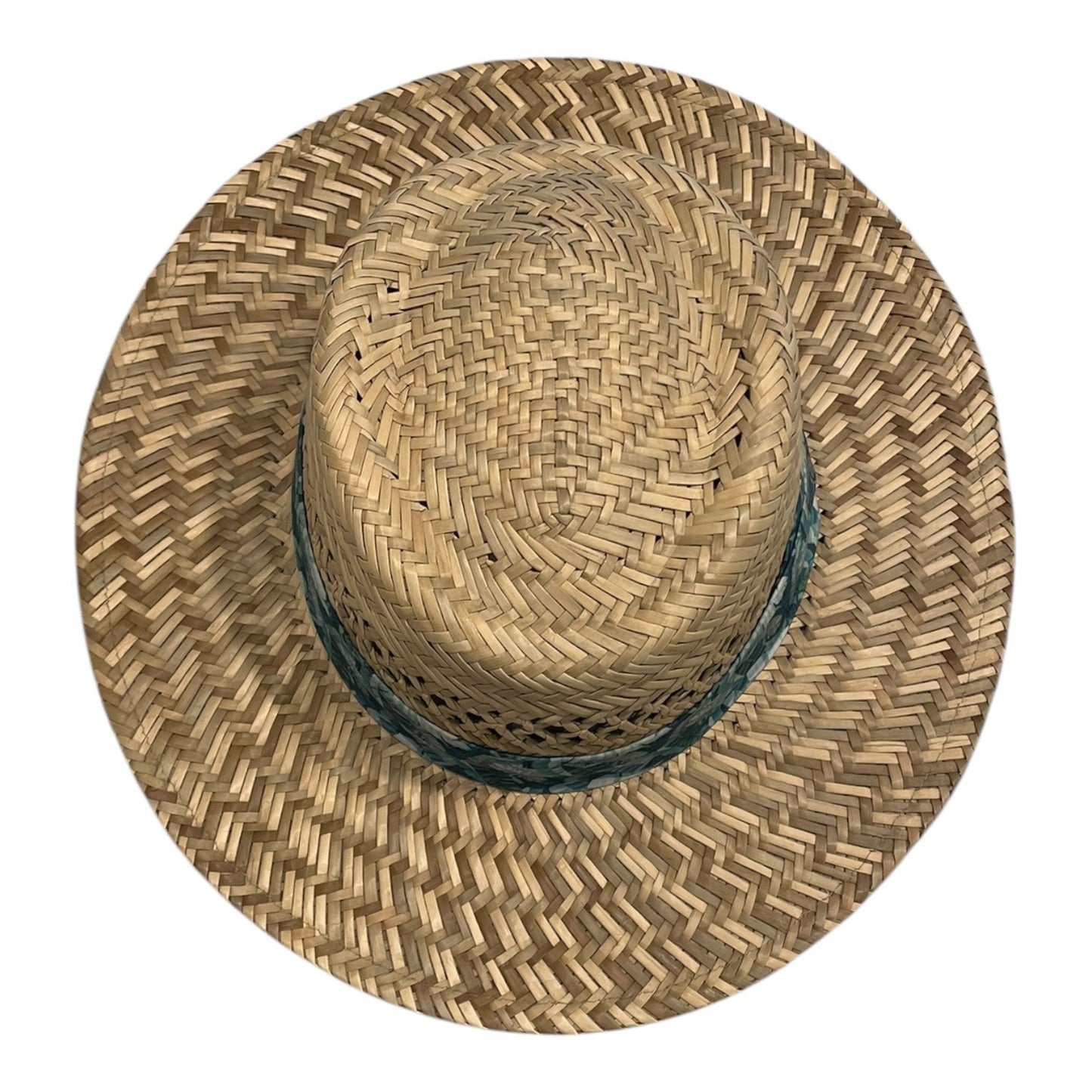 George Woven Tan Straw Tropical Blue Band Flat Brim Sun Hat