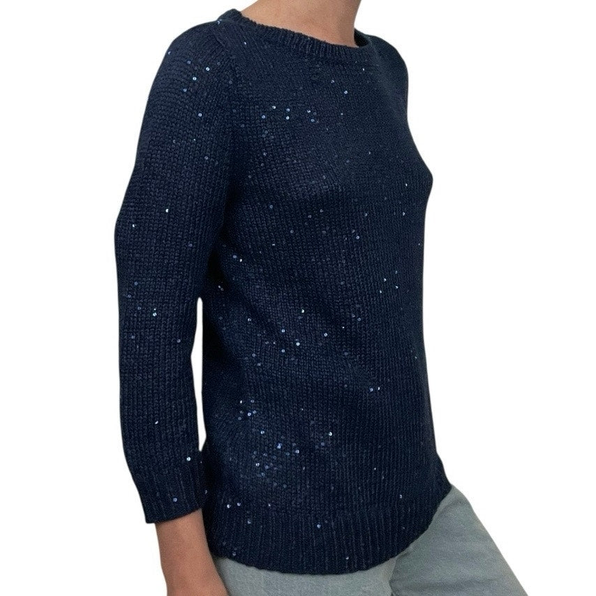 Chaps Classics Navy Blue Sequin Knit Crewneck Cropped Sleeve Sweater