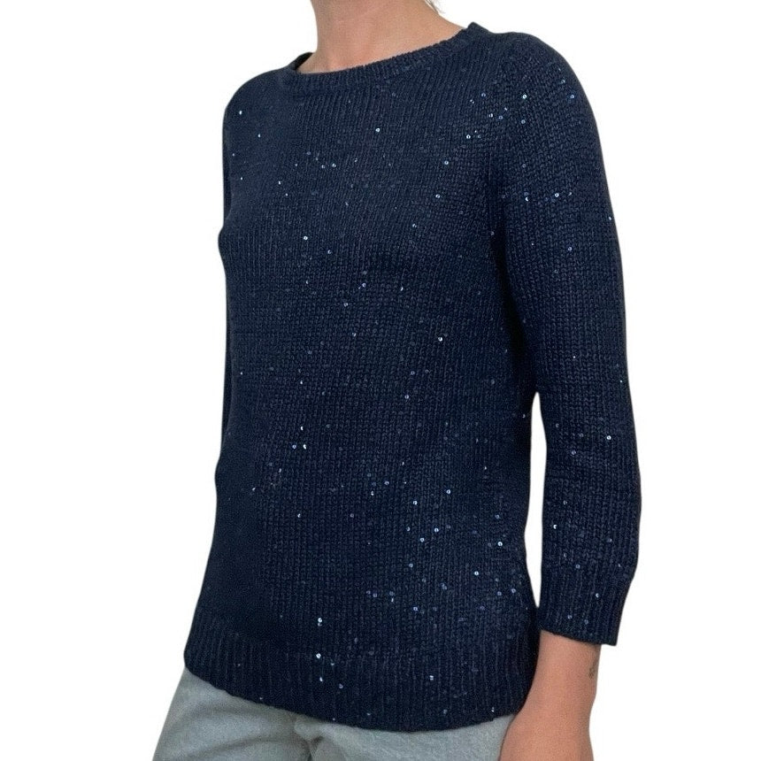 Chaps Classics Navy Blue Sequin Knit Crewneck Cropped Sleeve Sweater