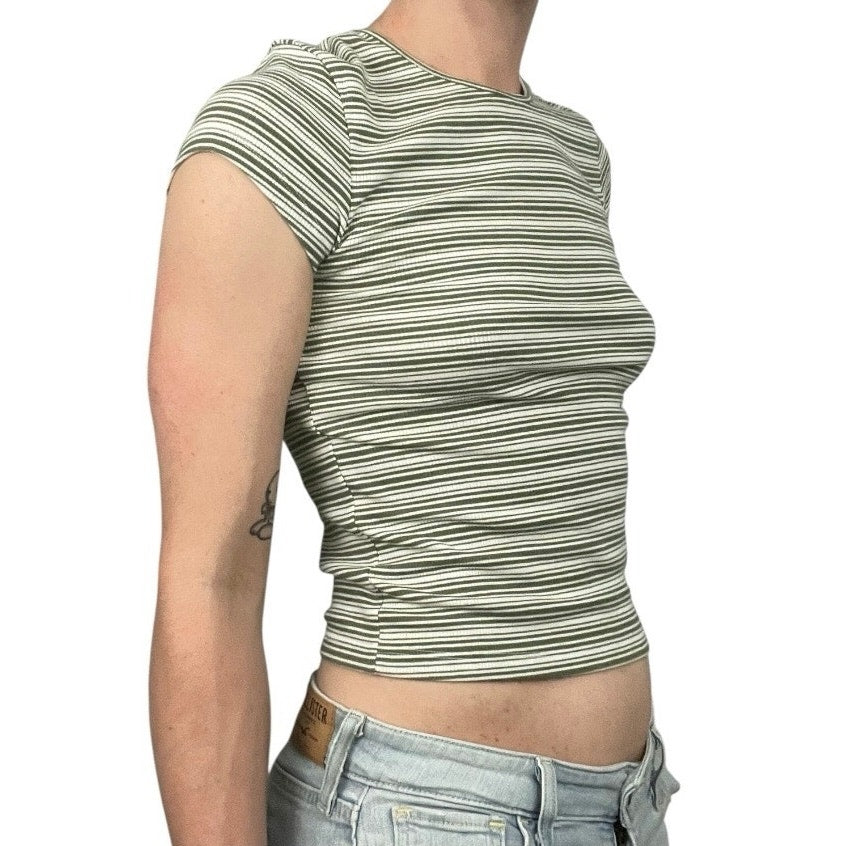 NWT American Eagle Green & White Striped Ribbed Short Sleeve Top