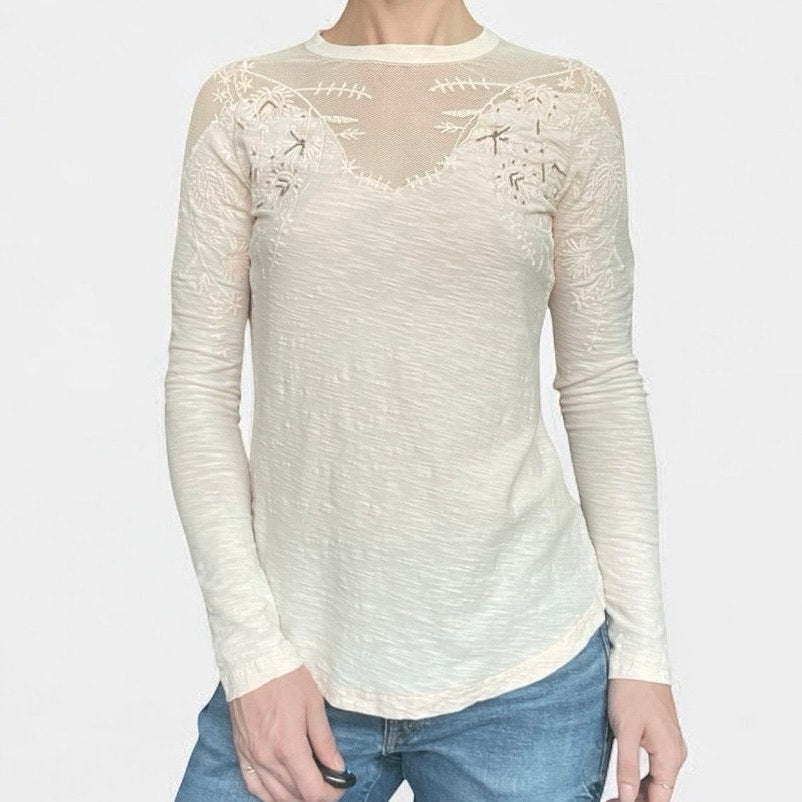 Free People Light Pink Mesh Embroidered Long Sleeve Blouse