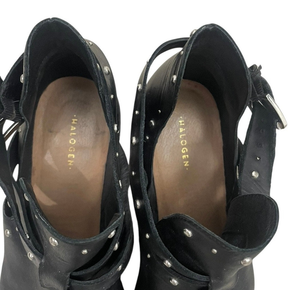 Halogen Black Genuine Leather Studded Strappy Ankle Boots