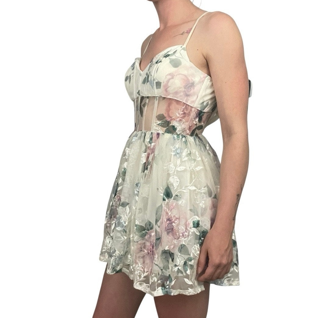 White Sheer Lace Floral Embroidered Corset A-Line Mini Dress