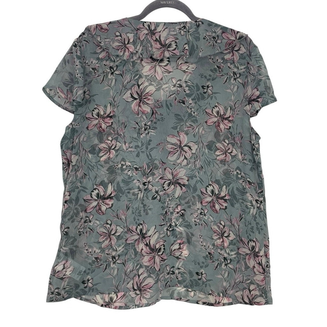Sheer Grey & Pink Floral Ruffled V-Neck Blouse