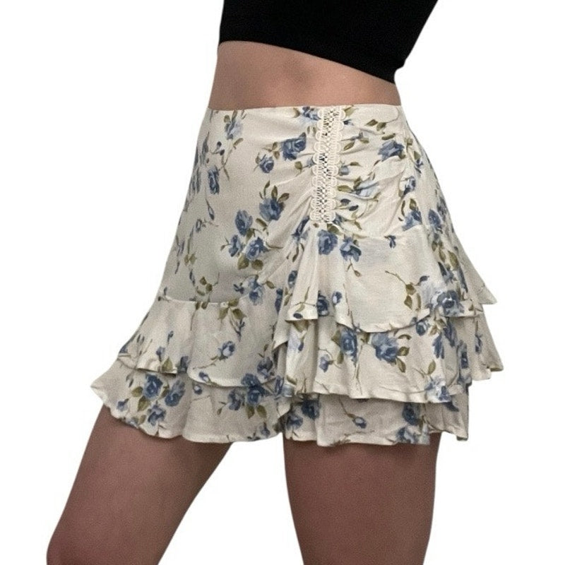 Full Tilt White & Blue Floral Ruffled Mini Skort