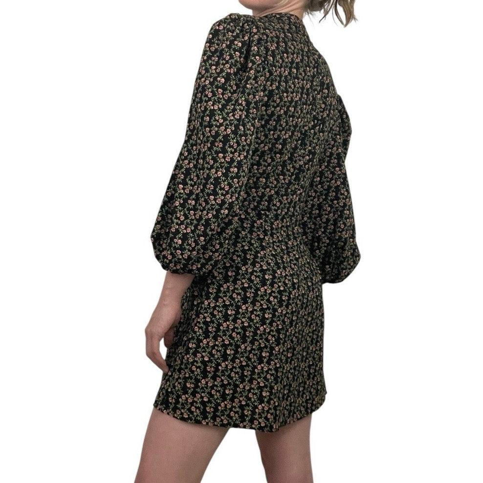 Topshop Black & Pink Floral Print Long Puff Sleeve Button Down Mini Dress
