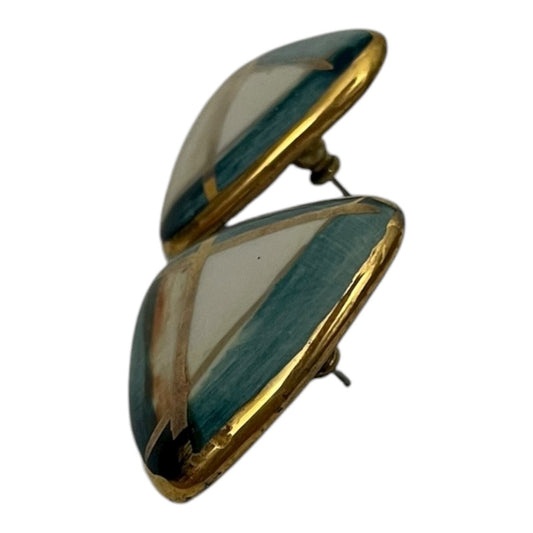 Vintage Teal & Gold Triangle Geometric Stud Earrings