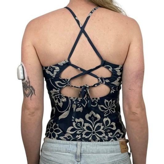 Navy Blue Boho Padded Open Lace Up Back Swim Top