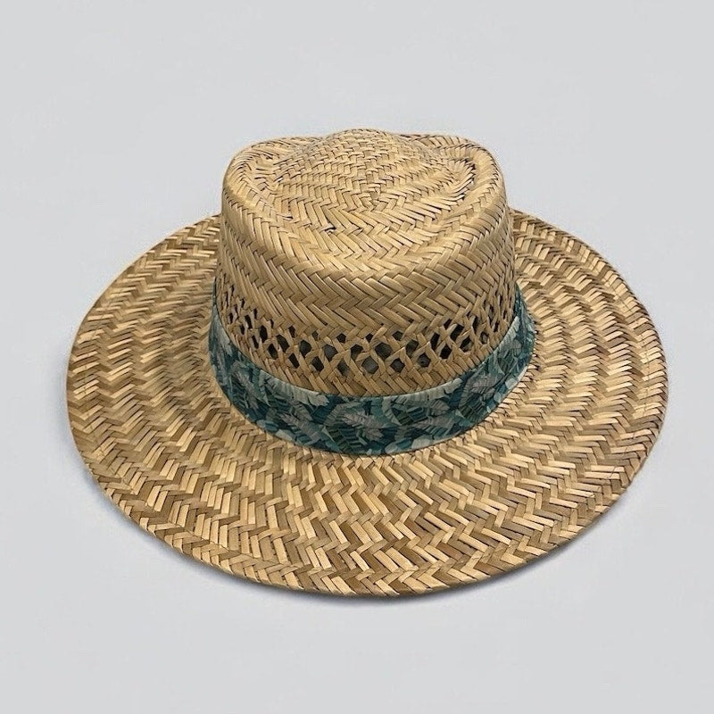 George Woven Tan Straw Tropical Blue Band Flat Brim Sun Hat