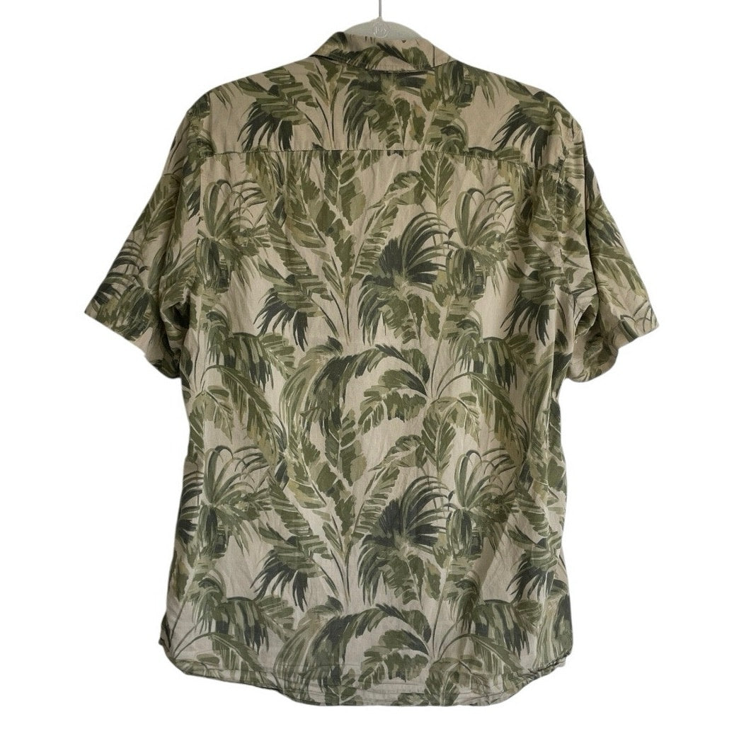 H&M Green & Tan Tropical Leaf Print Short Sleeve Button Down Shirt