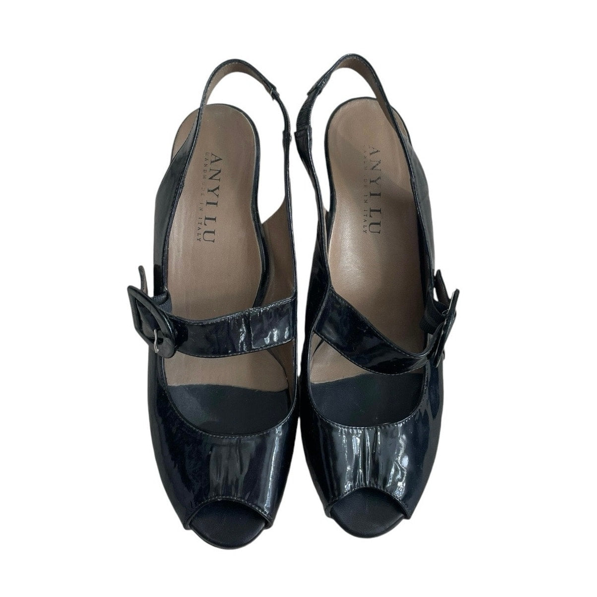Anyi Lu Black Genuine Leather Buckle Open Toe Heels