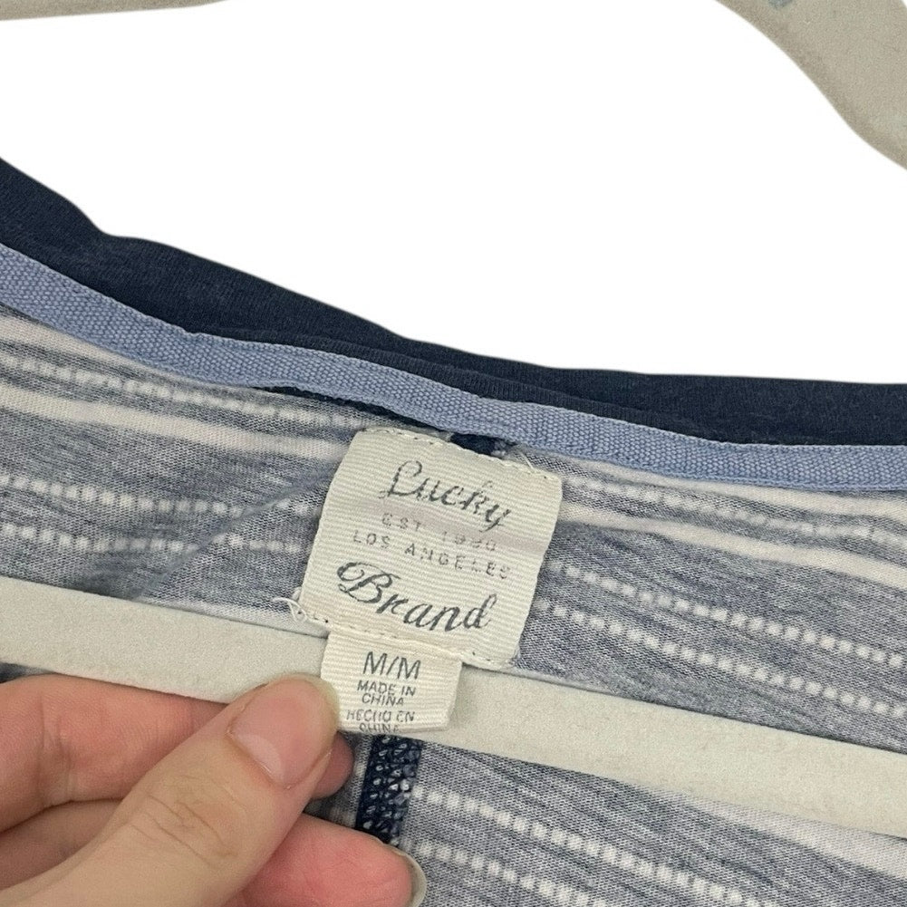 Lucky Brand Navy Blue & White Boho Striped Long Crewneck Top