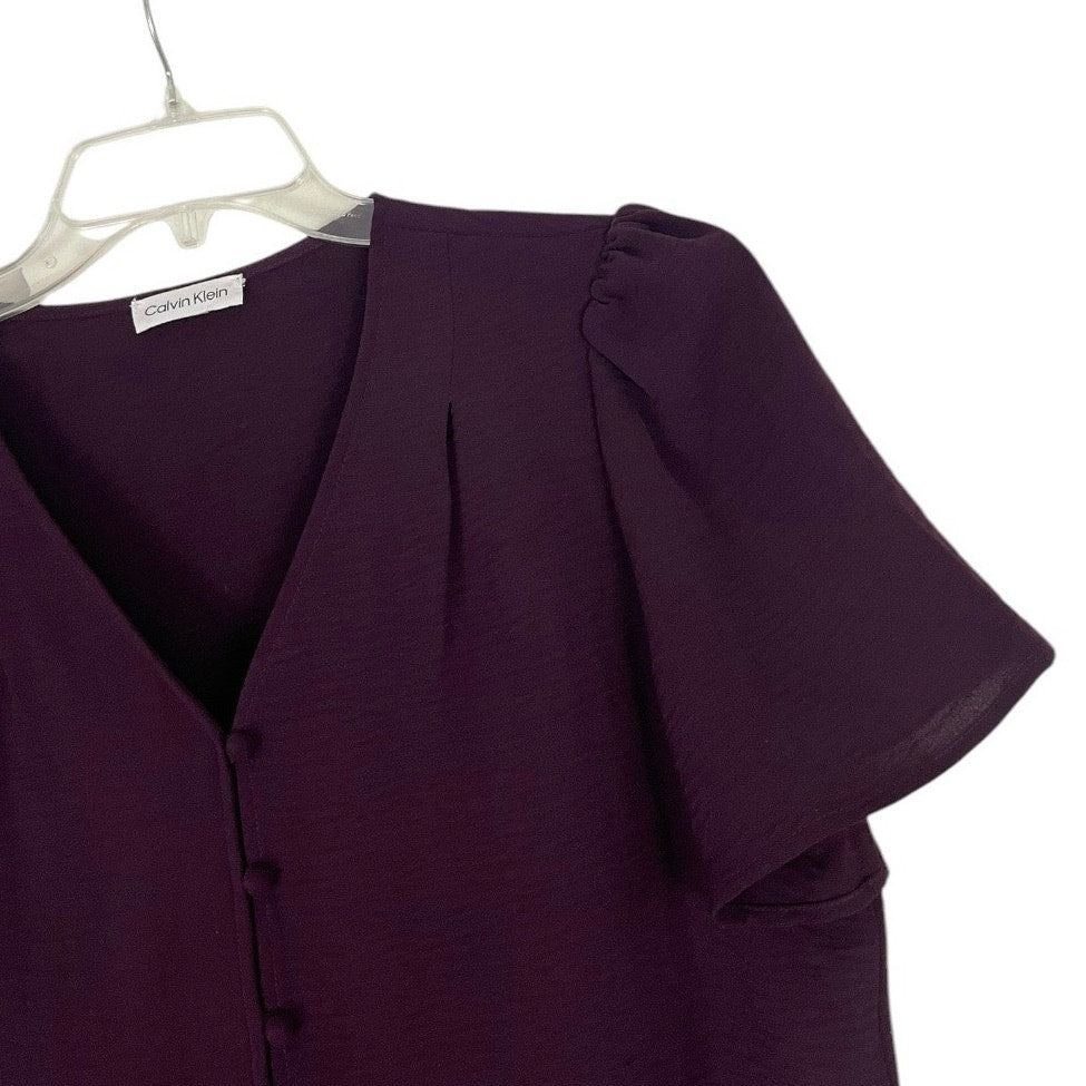 Calvin Klein Plum Maroon Short Bell Sleeve Button Down Blouse