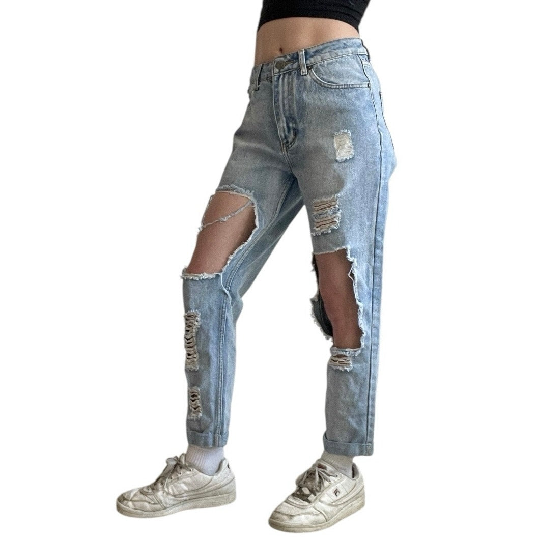 The Rockn Rev Super Distressed High Rise Light Wash Cuffed Jeans
