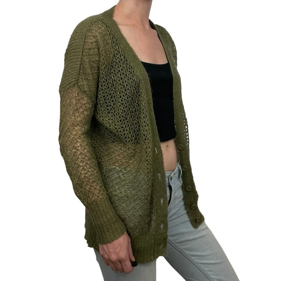 Kensie Olive Green & Gold Metallic Knit Button Down Cardigan Sweater