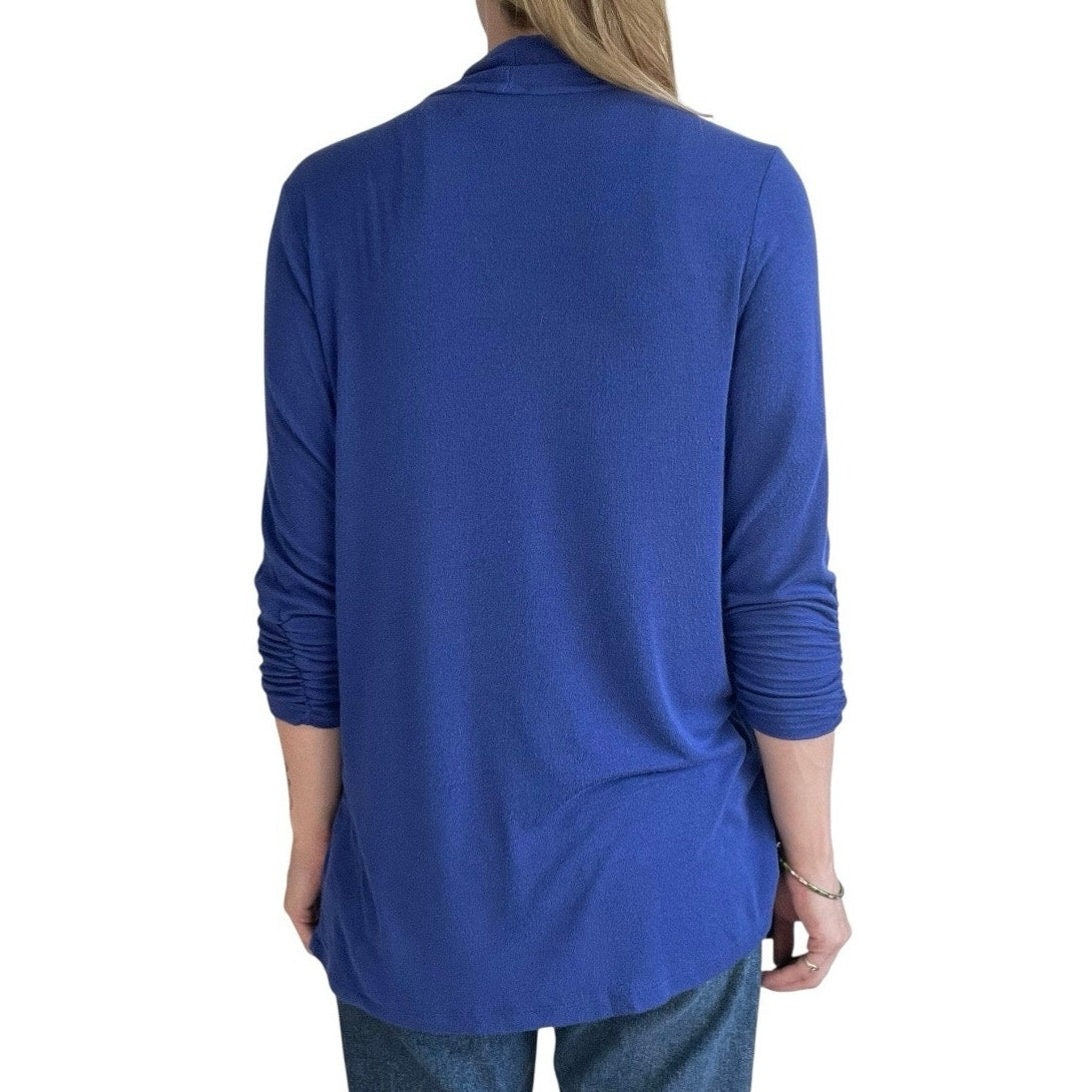 MOD Lusive Blue Cropped Cinched Sleeve Cardigan Sweater