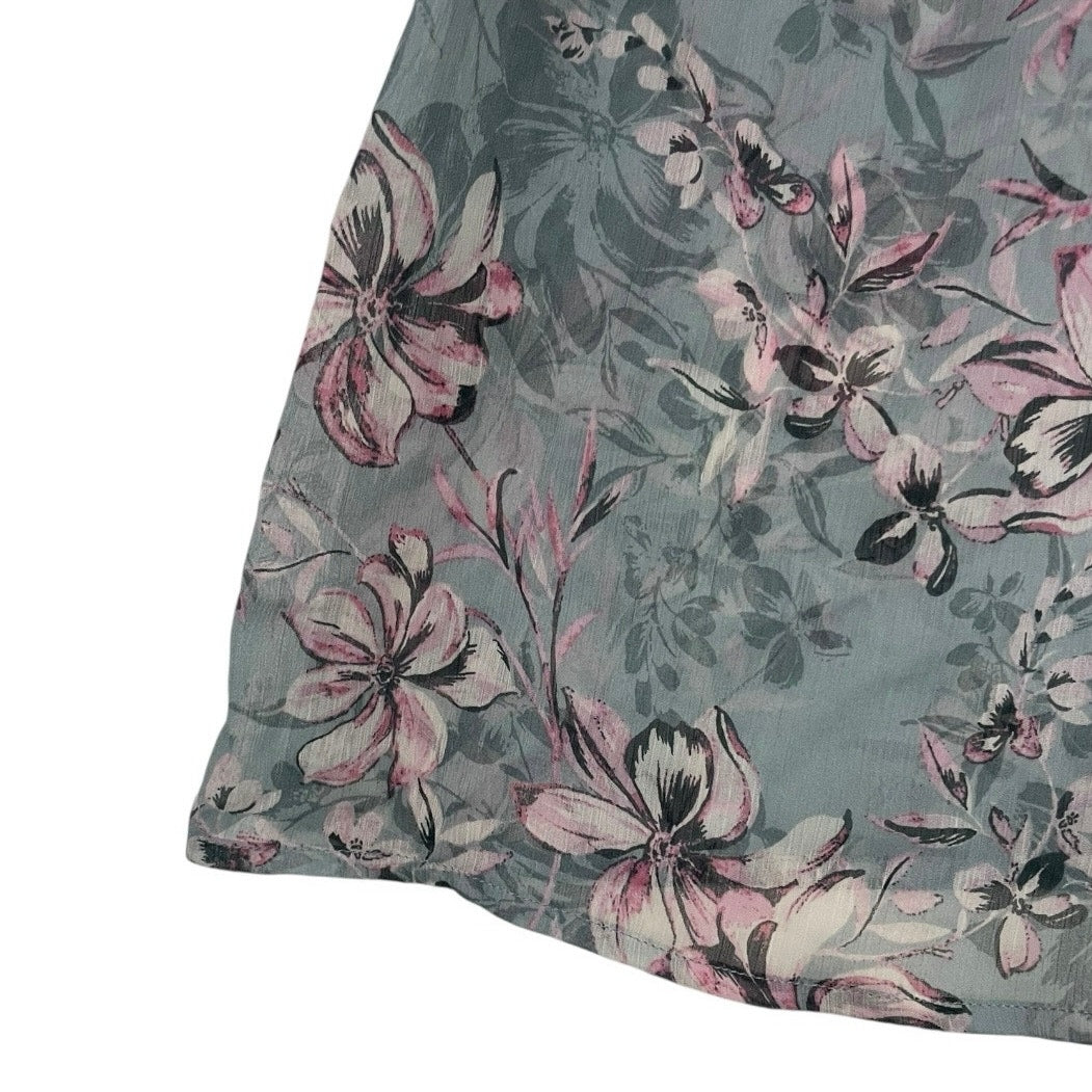 Sheer Grey & Pink Floral Ruffled V-Neck Blouse