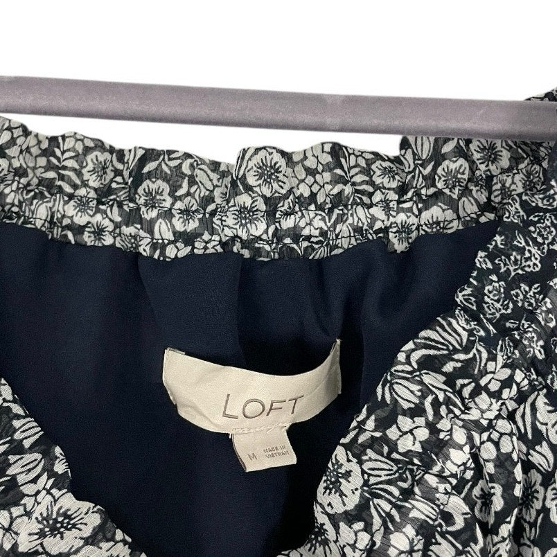 LOFT Black & Black Floral Layered Half Sleeve A-Line Mini Dress