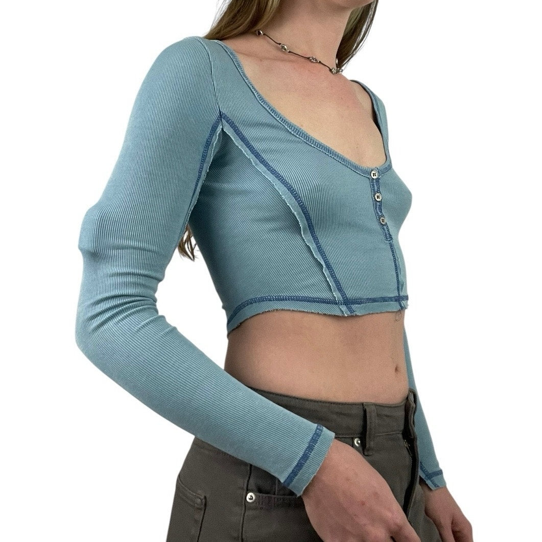 Out From Under Blue Contrast Stitch Patchwork Long Sleeve Cropped Top