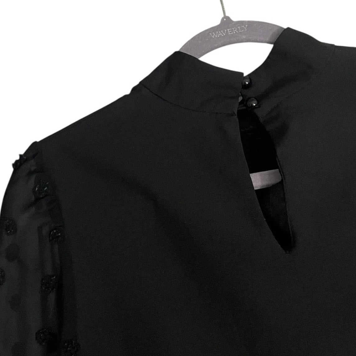 Black Puff Sheer Textured Sleeve High Neck Blouse