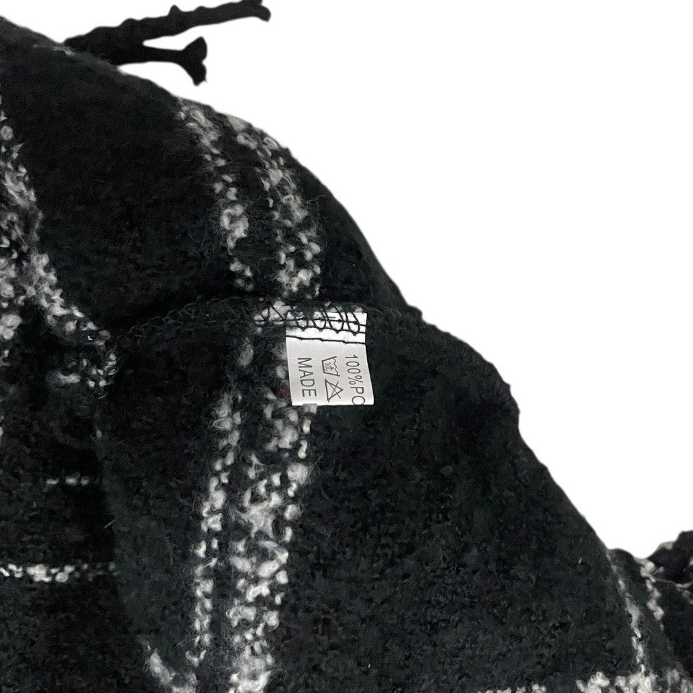 Black & White Plaid Fringe Knit Infinity Scarf