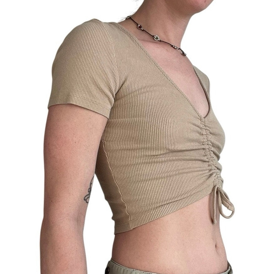 Beige Ribbed Cinched Short Sleeve Cropped Top