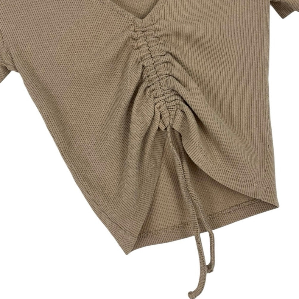 Beige Ribbed Cinched Short Sleeve Cropped Top