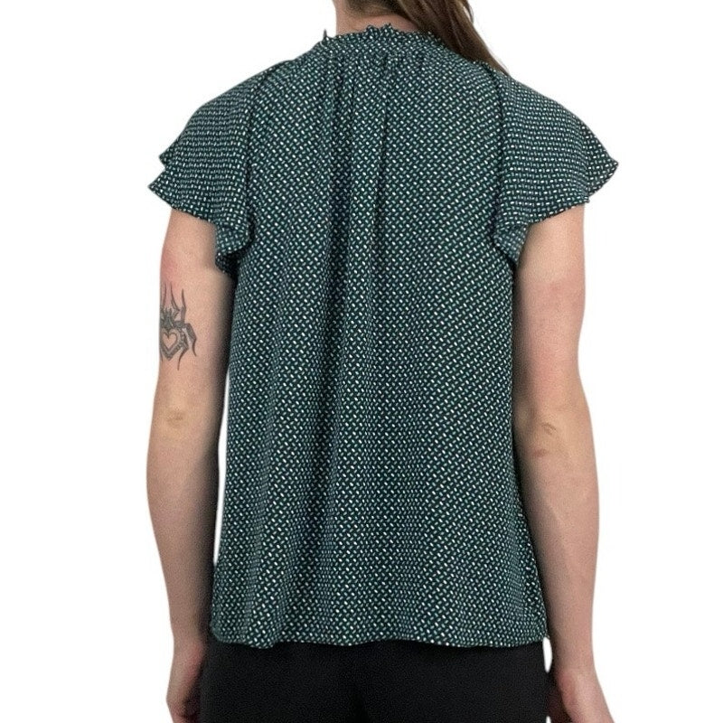 CeCe Turquoise Sheer Ruffled Short Sleeve Patterned Blouse