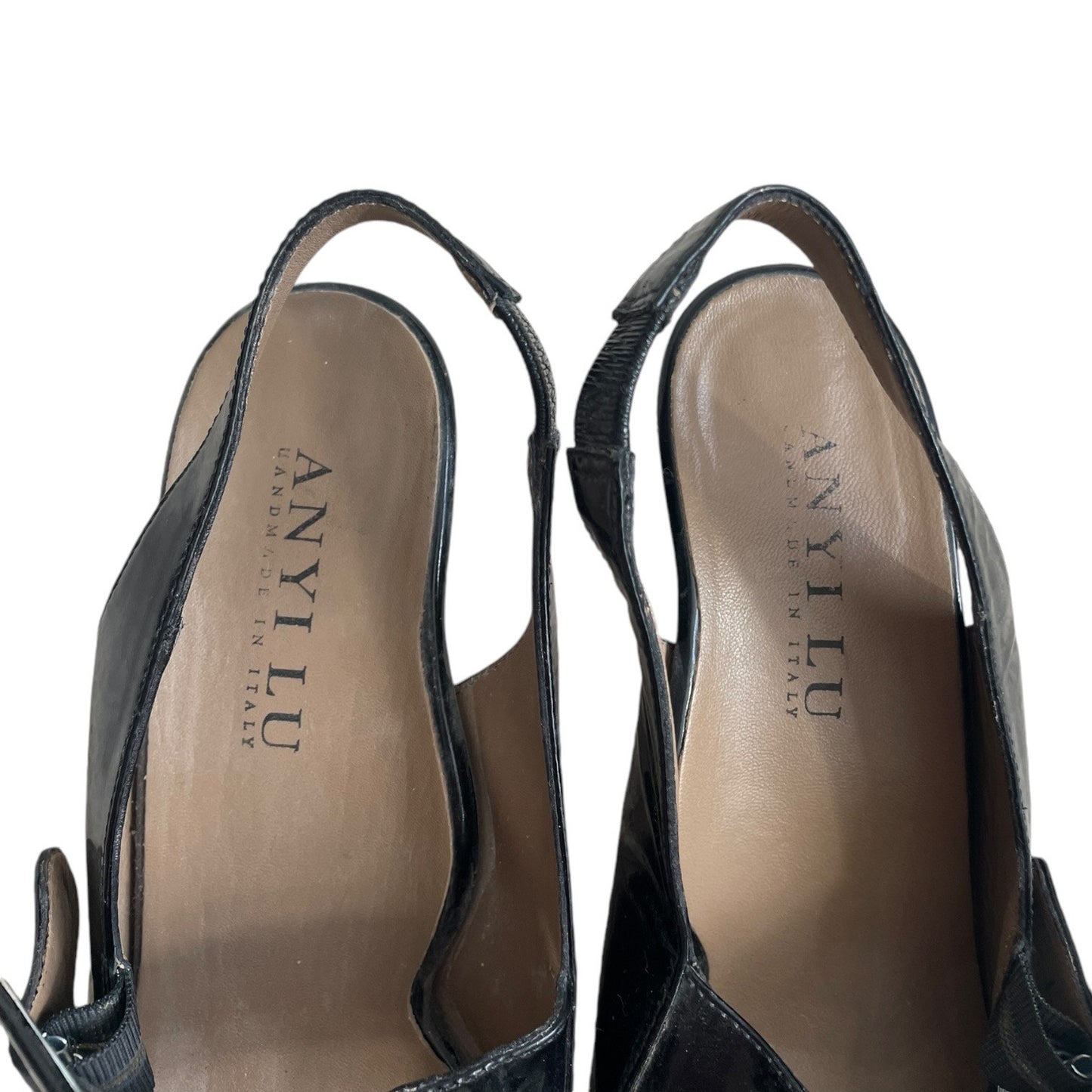 Anyi Lu Black Genuine Leather Buckle Open Toe Heels