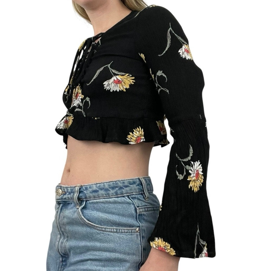 L.A. Hearts Black Floral Long Bell Sleeve Lace Up Cropped Top