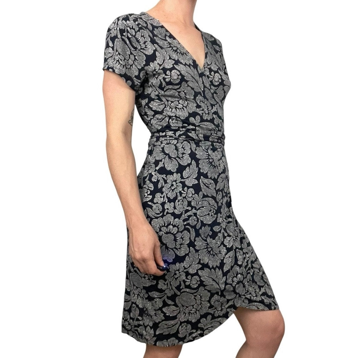 LOFT Navy Blue & White Floral Wrap Mini Dress