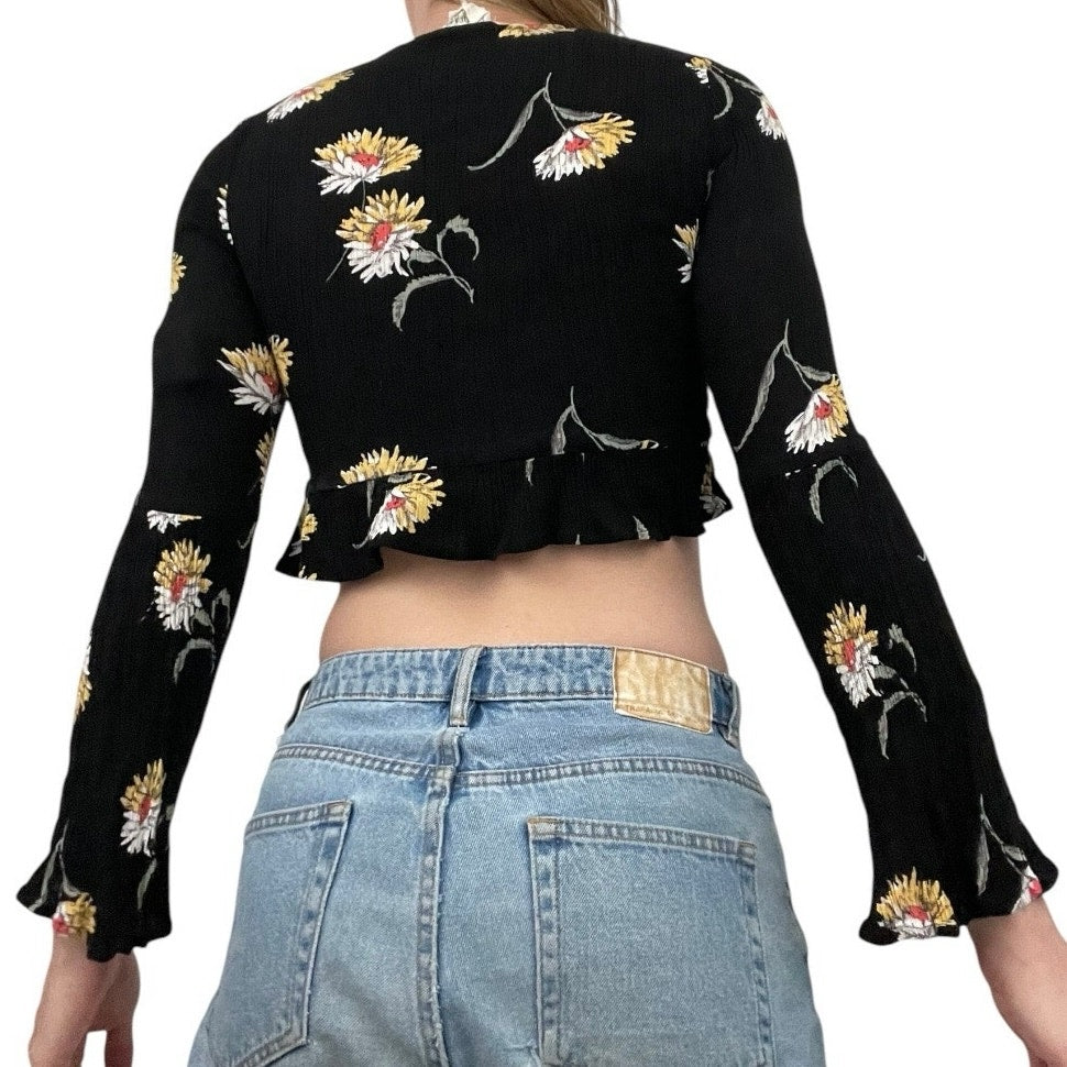 L.A. Hearts Black Floral Long Bell Sleeve Lace Up Cropped Top