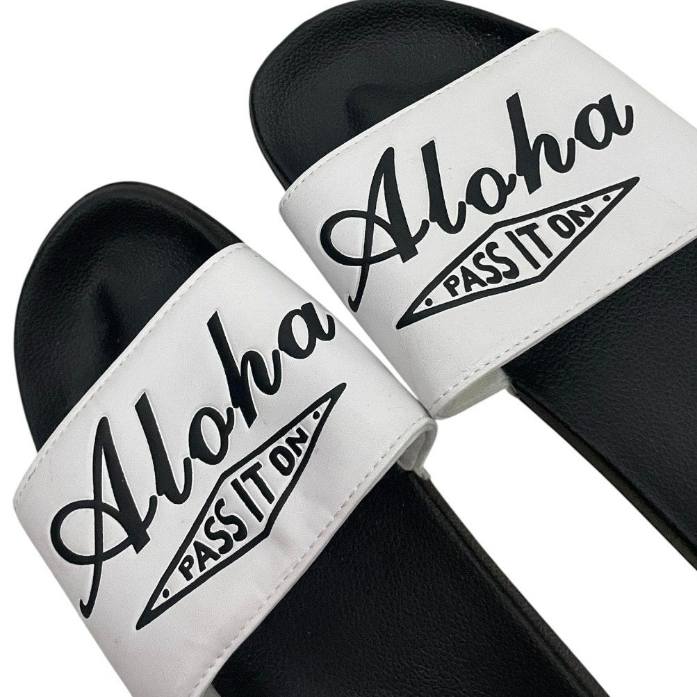 Robin Ruth Aloha Pass It On Black & White Slip-On Slides Sandals