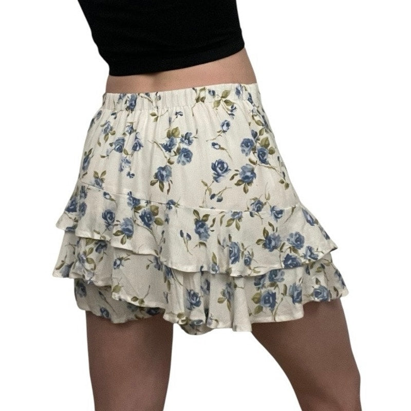 Full Tilt White & Blue Floral Ruffled Mini Skort