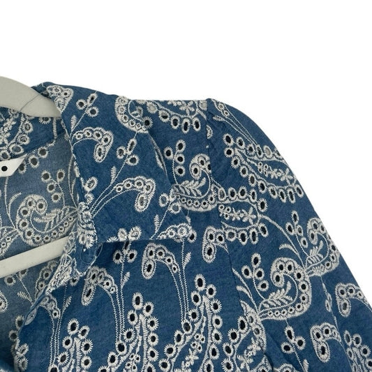 Zara Blue Boho Eyelet Embroidered Button Down Tunic Blouse