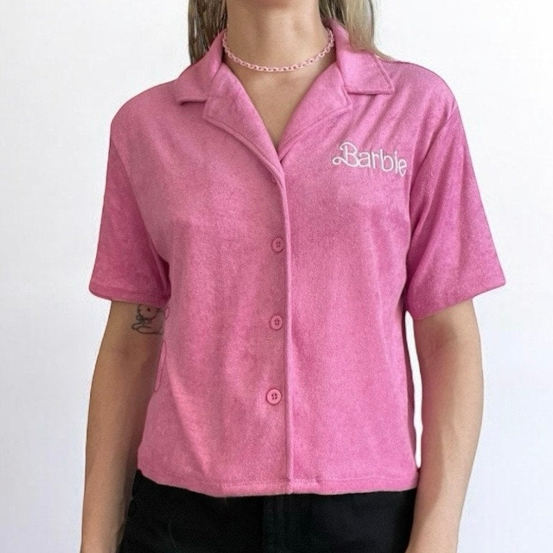Barbie Mattel Pink Short Sleeve Button Down Collared Top