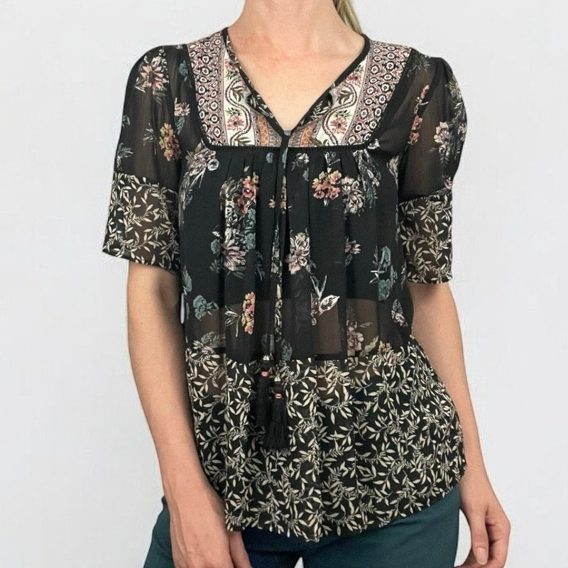 Knox Rose Sheer Black Boho Floral Short Sleeve Blouse