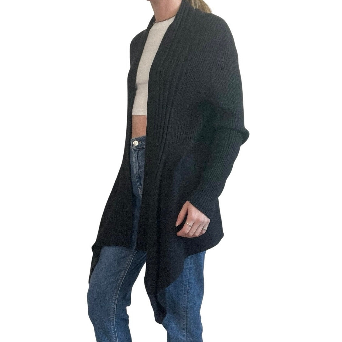 Dana Buchman Black Ribbed Knit Asymmetrical Cardigan Sweater