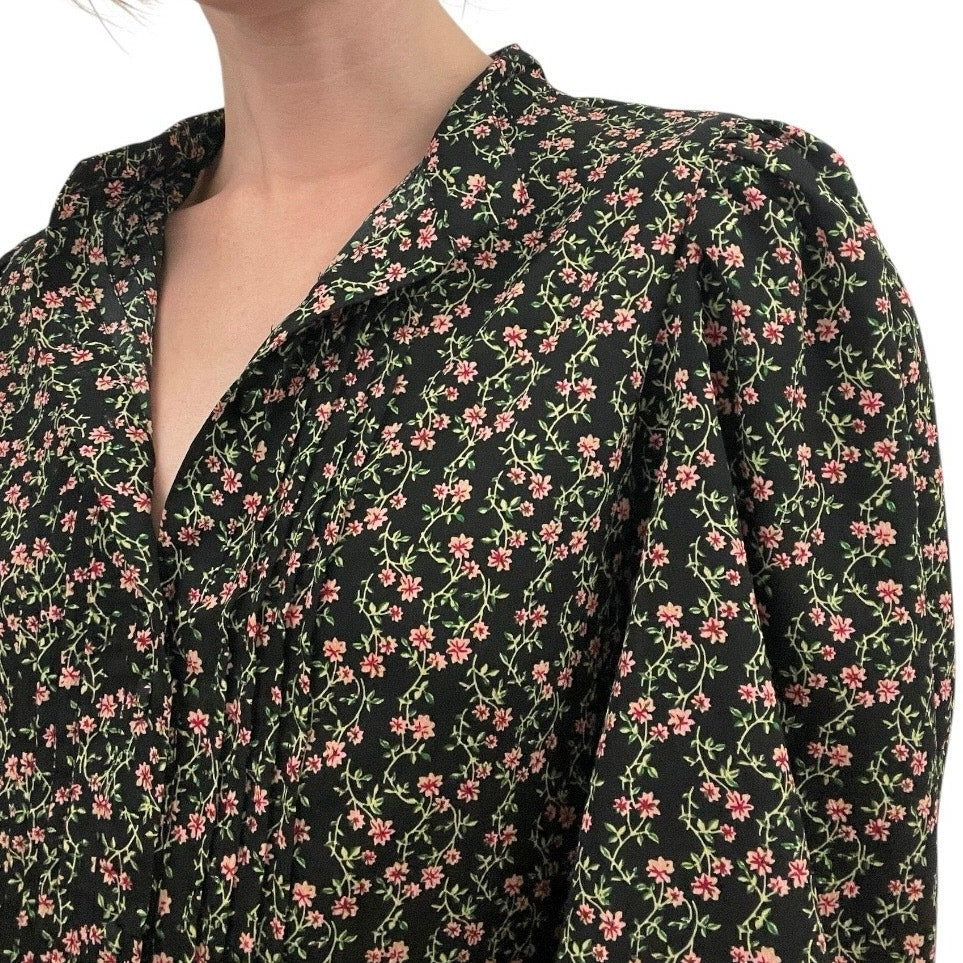 Topshop Black & Pink Floral Print Long Puff Sleeve Button Down Mini Dress